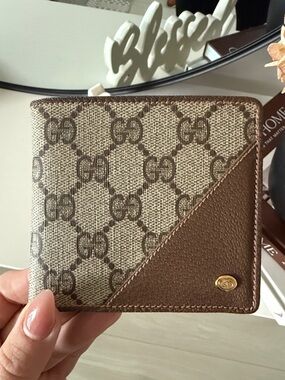 Gucci Beige & Brown Monogram Card Holder with Gold Accent wallet